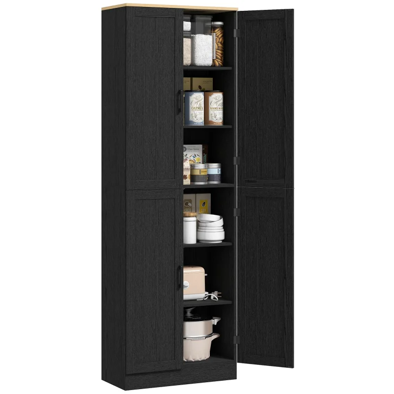 Freestanding Kitchen Pantry, 4-Door Kitchen Pantry Cabinet with Adjustable Shelves and Doors, Distressed Black