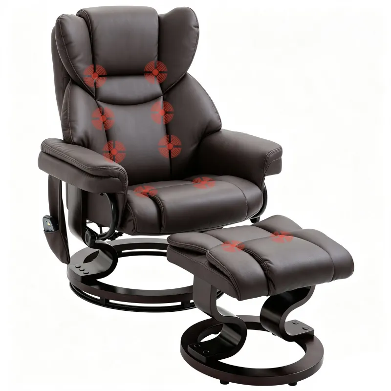Massage Recliner Chair with Footrest, Swivel Armchair, Wrapped Wood Base, 10 Massage Points, Faux Leather, Brown