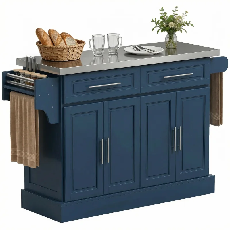 Rolling Kitchen Island with Stainless Steel Top, 2 Drawers, Spice, Knife and Towel Rack and Cabinets, Navy Blue