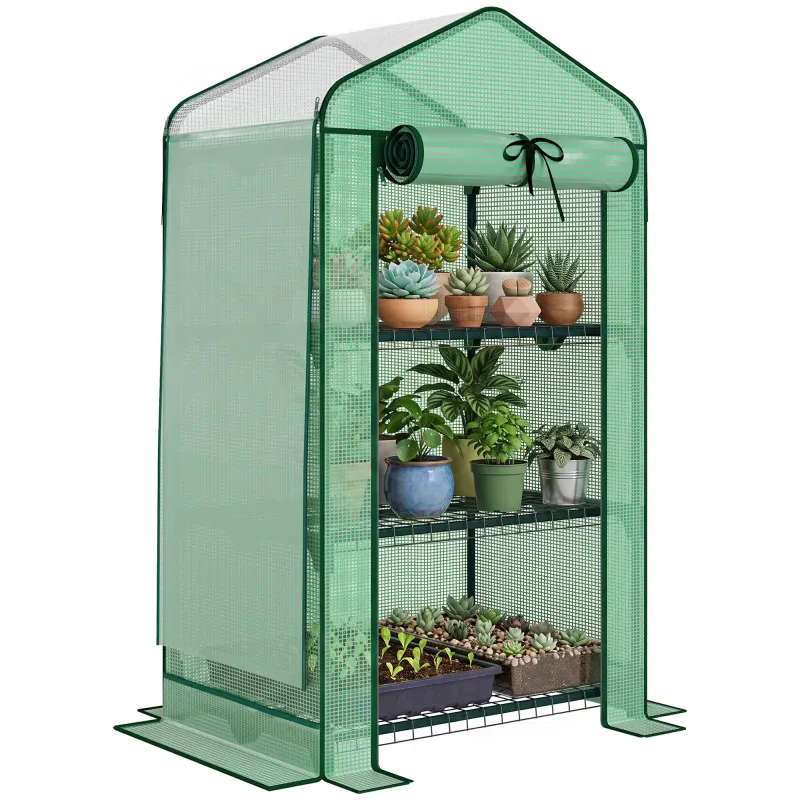 Mini Greenhouse with Screen Roof, Portable Small Greenhouse with Roll-Up Zipper Door, 27.6" x 19.7" x 50", Green