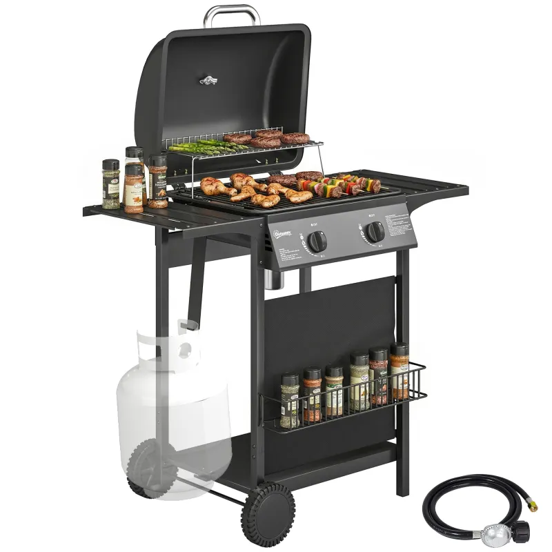 2 Burner Propane Gas Grill, 18000 BTU BBQ Grill with Wheels, Warming Rack, Shelf, Thermometer, Grease Cup, Black