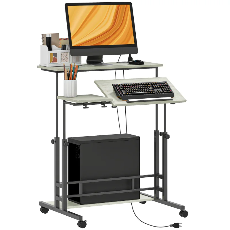 Adjustable Standing Desk with Power Outlets, Stand Up Desk with Tiltable Tabletop, Wheels, Shelf, for Home Office, Oak