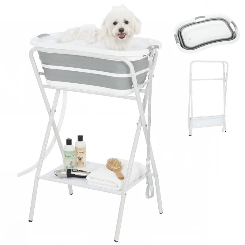 Dog Bath Tub Dog Washing Station, Elevated Foldable Dog Bathtub with Hose, Storage Shelf, for Small Dogs Puppies Gray