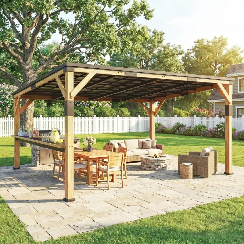 10' x 14' Wooden Gazebo, Hardtop Lean-to Gazebo Pergola with Galvanized Steel Sloped Roof, Bar Shelf, Natural Wood