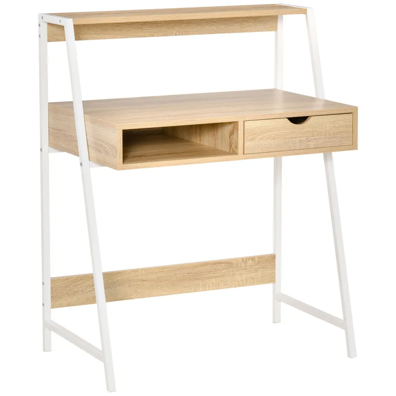 Home Office desk, Computer Desk for Small Spaces, Study Table with Drawer and Storage Shelves, Natural