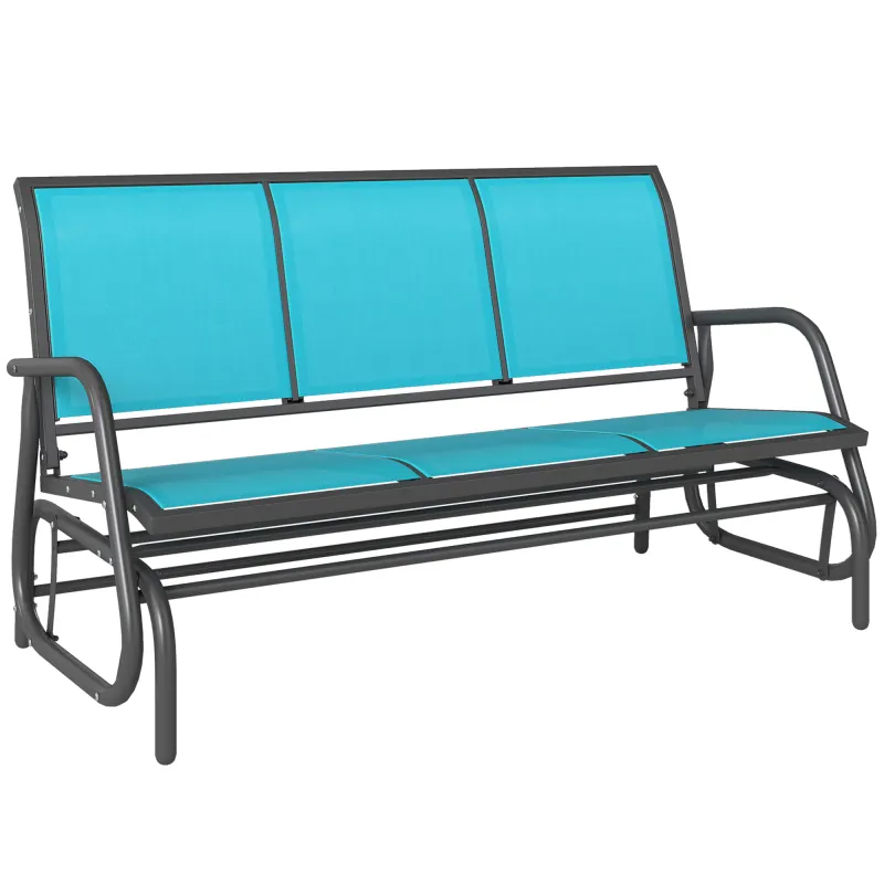 3-Person Outdoor Patio Glider Bench, Porch Glider Swing with 3 Seats, Breathable Mesh Fabric, Metal Frame, Blue