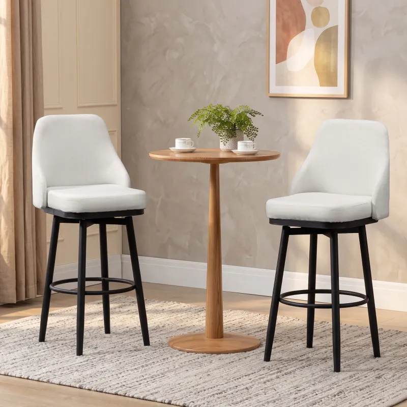 Bar Height Bar Stools Set of 2, Modern 360° Swivel Kitchen Chairs with Steel Legs and Footrest, Cream White