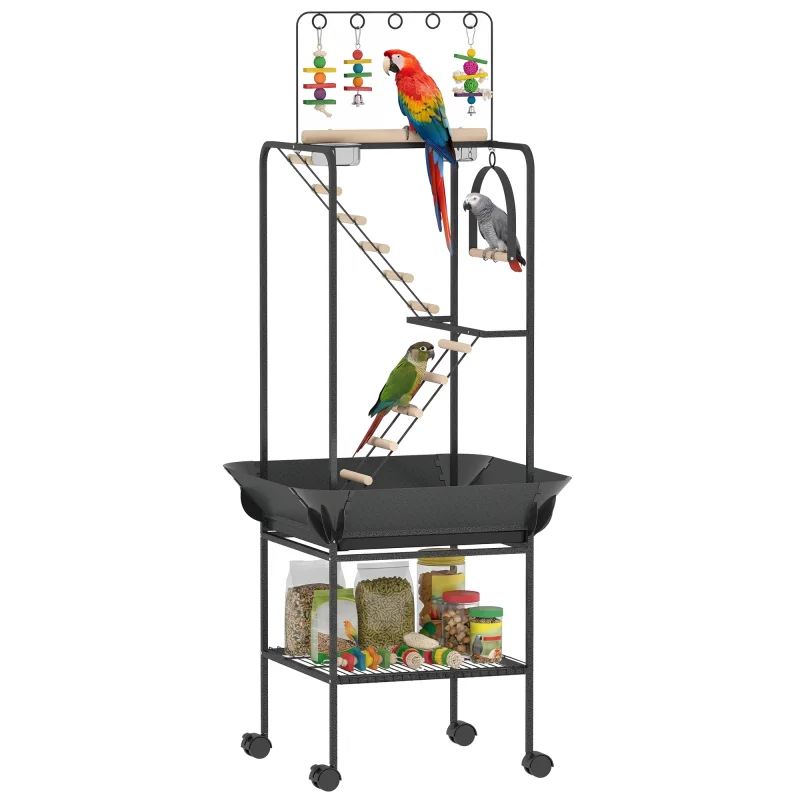 64"H Rolling Bird Playground Parrot Stand with Seed Guard & Wheels, Ladders, Swing, Toy Hook & Bowls
