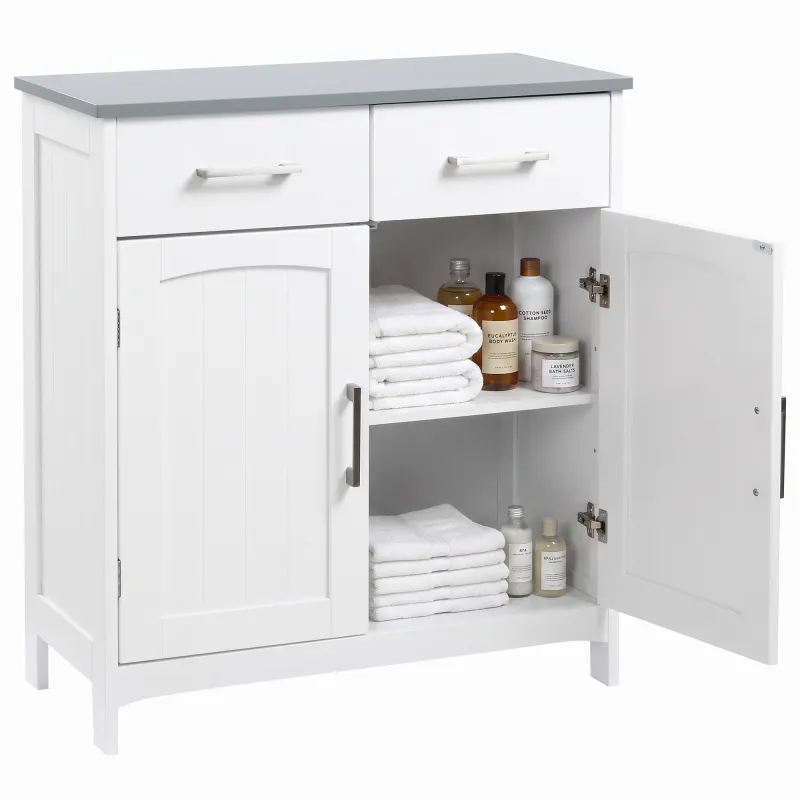 Bathroom Floor Cabinet, Freestanding Linen Cabinet, Storage Cabinet with 2 Drawers, Double Doors, Adjustable Shelf, White