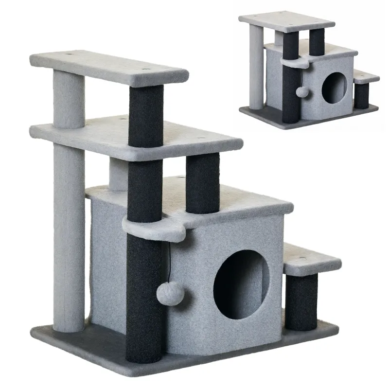 Adjustable Height 3 Step/4 Step Cat Stairs with Cat Scratching Post, Cat Condo, Toy Ball, for Bed, Sofa, Couch, Gray