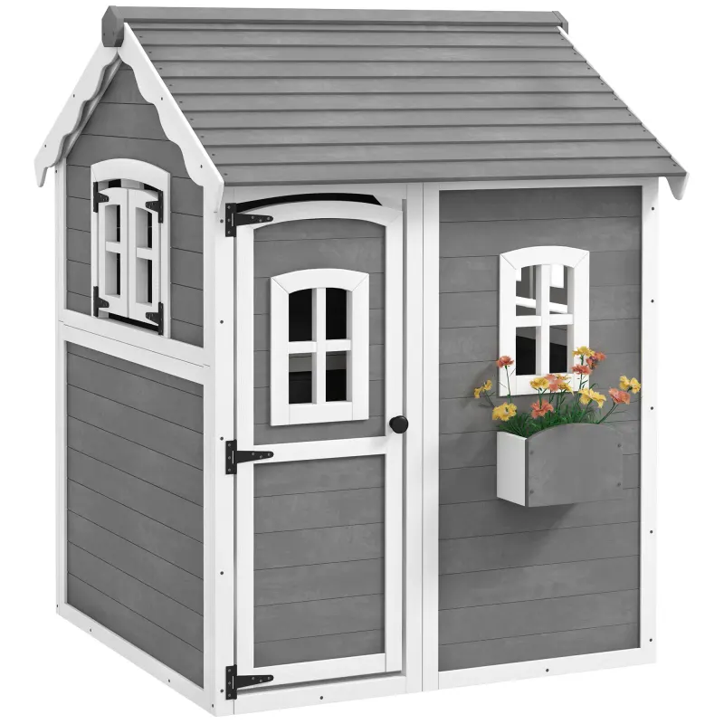 Outdoor Wooden Playhouse for Kids with Floor, Door, Windows, Planter Box for 3-8 Years Old, Backyard, Lawn, Garden