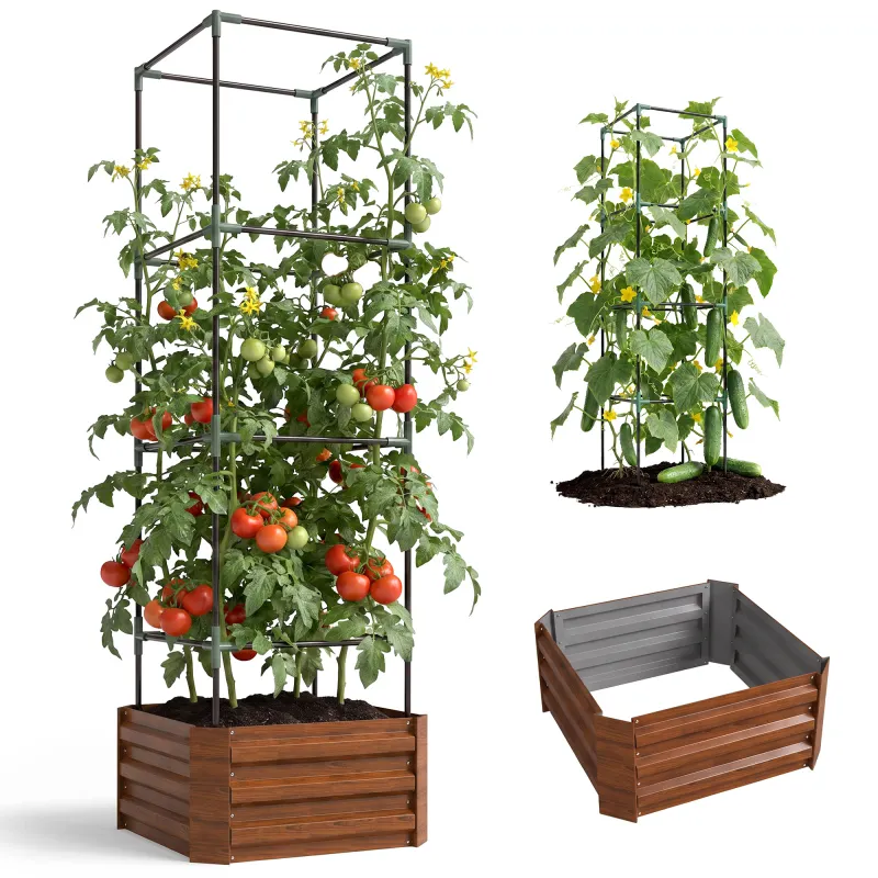 Galvanized Planter Box, 24" x 24" x 73.5" Raised Garden Bed with Tomato Cage for Climbing Vines, Brown