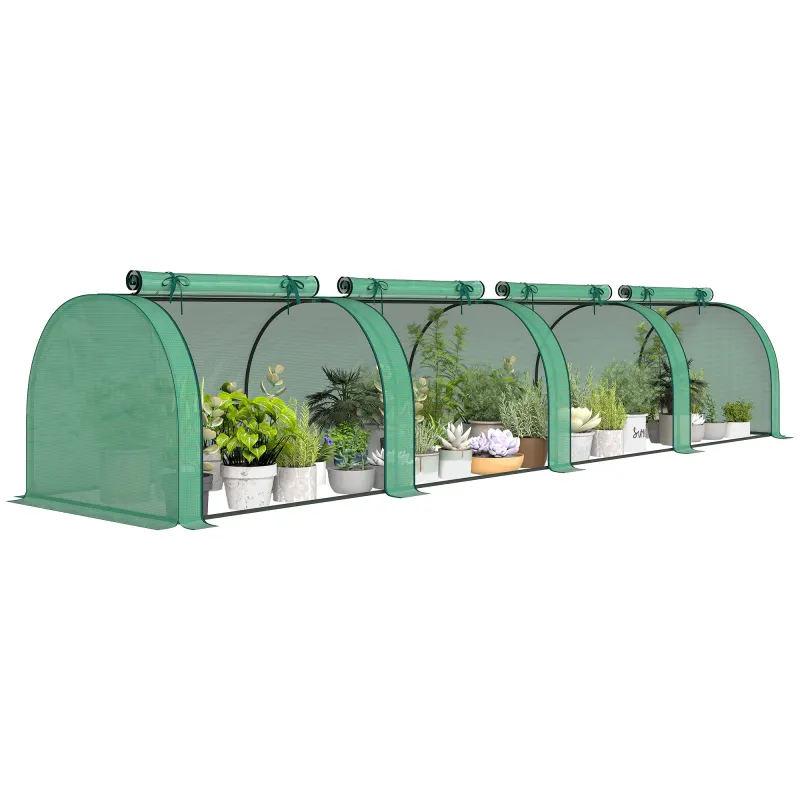 Mini Greenhouse, Portable Greenhouse with 4 Roll-Up Doors, PE Cover, 177.2" x 39.4" x 31.5", Green