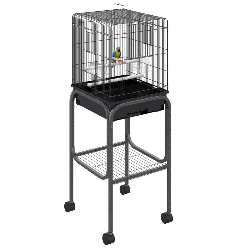 45-inch Metal Indoor Bird Cage, Parrot Cage, Bird Aviary with Detachable Rolling Stand, Storage Basket, and Accessories - Black