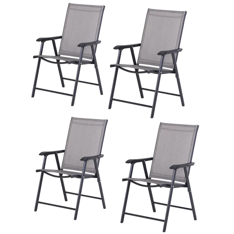 Set of 4 Outdoor Folding Chairs, Stackable Patio Dining Chairs with Armrests, Metal Frame, Gray
