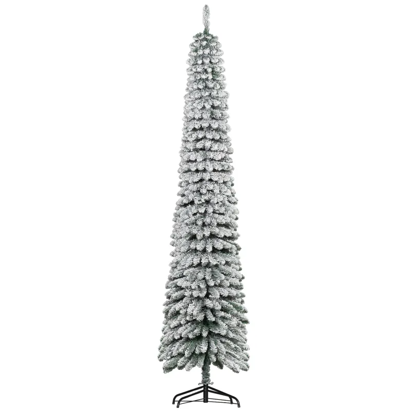 8' Tall Unlit Slim Pencil Xmas Tree, Snow Flocked Artificial Christmas Tree with Realistic Branches and 603 Tips, Green