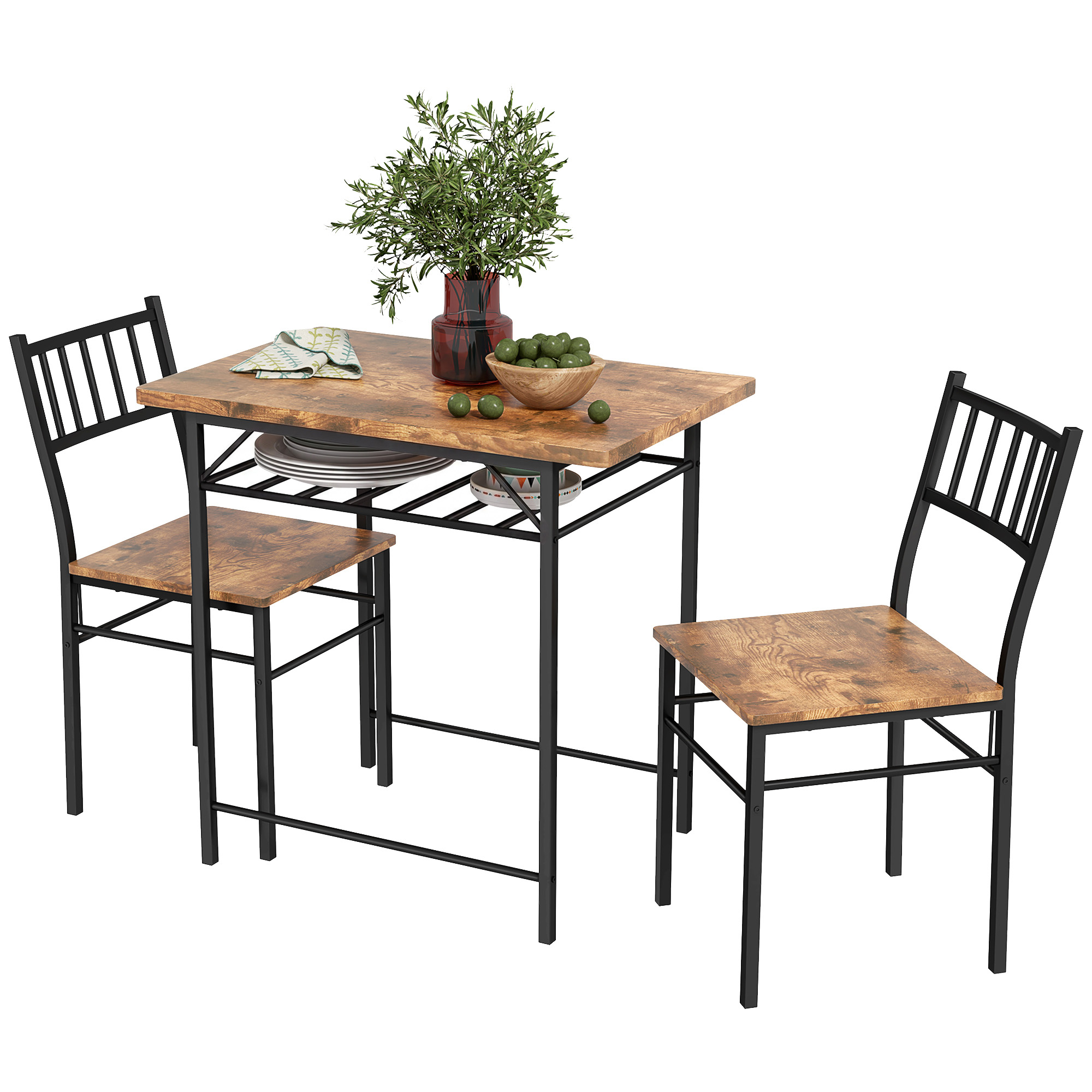 3-Piece Small Dining Table Set for 2, Kitchen Table and Chairs with Storage Rack and Steel Frame, Brown
