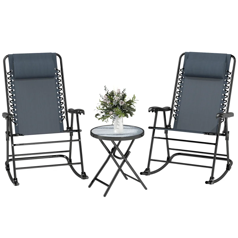 Outdoor Folding Rocking Chair Patio Table Seating Set, 2 Rocking Chairs with Armrests and 1 Side Table with Tempered Glass - Grey
