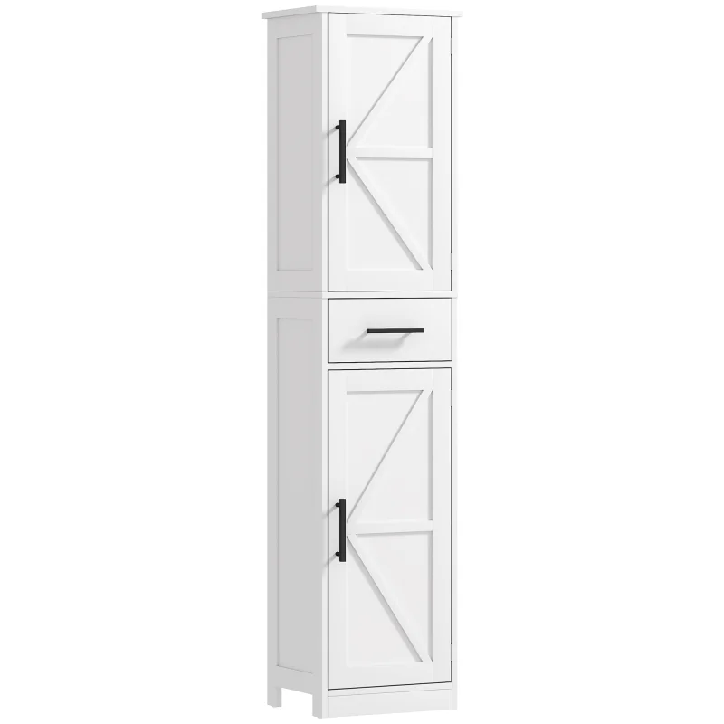 Farmhouse Linen Closet with Drawer, 67" Tall Bathroom Storage Cabinet with Barn Doors and Adjustable Shelves, White