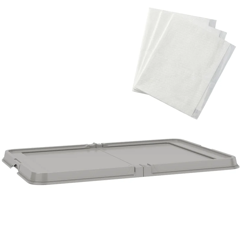 Pee Pad Holder Foldable Dog Litter Box with 3 Disposable Pads, 33.9" x 24.4", Gray