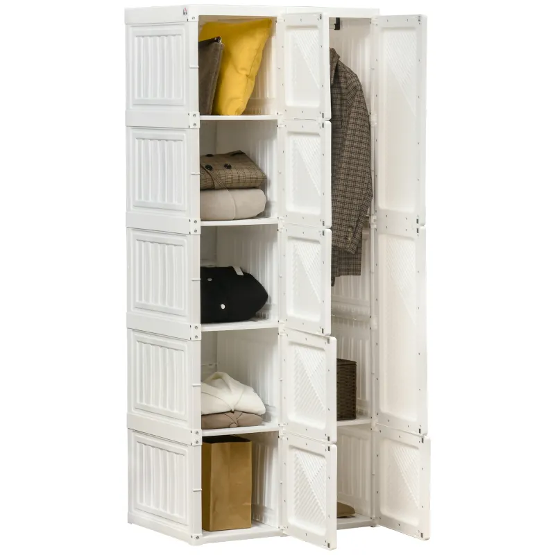 Portable Wardrobe Closet, Folding Bedroom Armoire, Clothes Storage Organizer with Cube Compartments, Hanging Rod, Magnet Doors, White