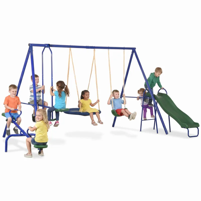 693 lbs Metal Swing Set for Kids, 5 in 1 Outdoor Playset with Heavy Duty A-Frame Stand, 29.5" Saucer Swing, Slide, Blue