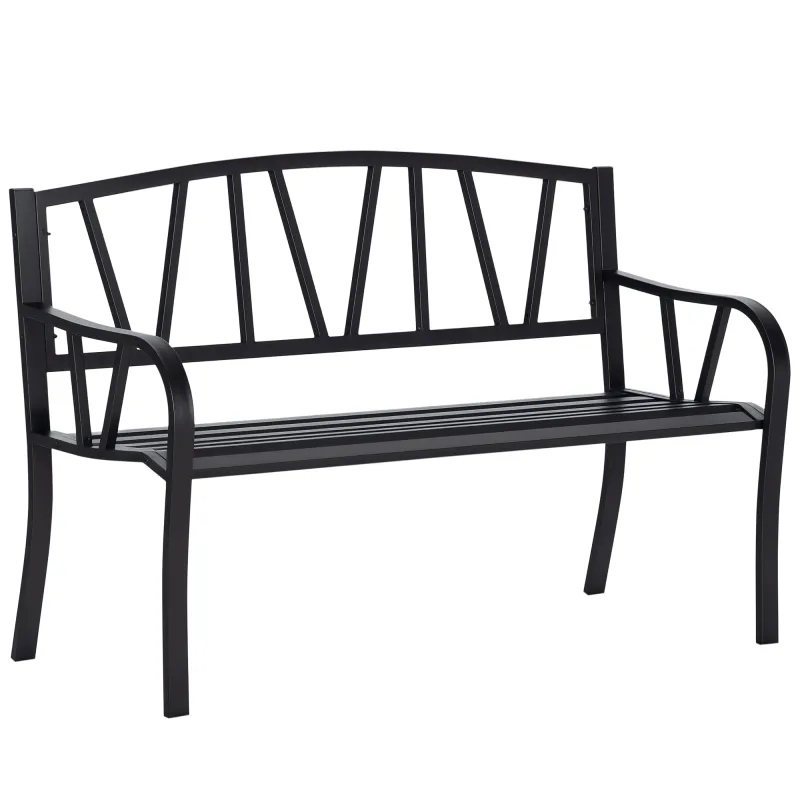 50" Outdoor Bench, Metal Garden Bench with V-Shaped Pattern Backrest, Porch Bench with Slatted Seat for Park, Yard, Lawn, Black