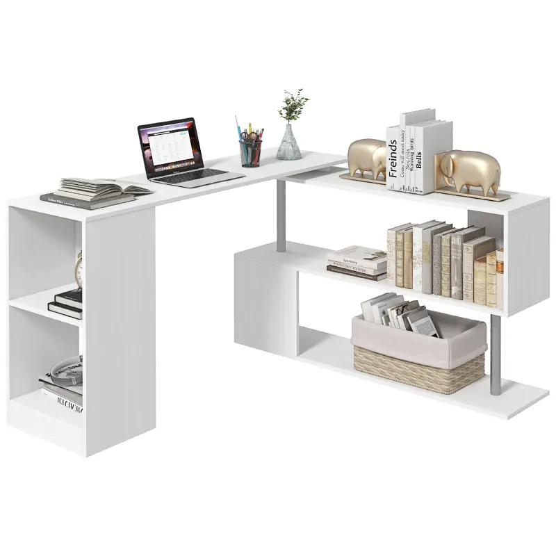 55" 360° Rotating Corner Computer Desk Modern L-Shaped Home Office Workstation with 3-Tier Storage Shelves, Bookshelf, White