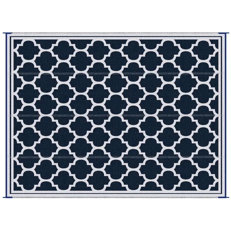 Reversible Outdoor Rug, 9' x 12' Waterproof Plastic Straw Floor Mat, Portable RV Camping Carpet, Blue & White