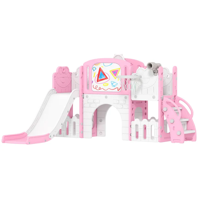 7 in 1 Kids Slide with Climber, Basketball Hoop, Telescope, Indoor Outdoor Playground, for Boys Girls Ages 1-3, Pink