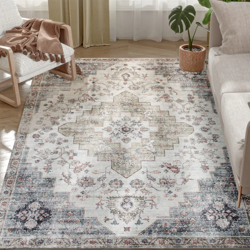 4x6 Area Rug, Vintage Machine Washable Rug, Non-Slip Carpet for Living Room, Bedroom, Dining Room, Brown and Green