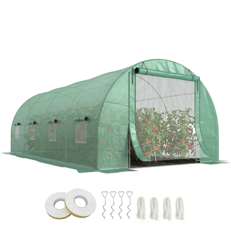 Steel Frame Walk-In Tunnel Greenhouse Garden Warm House Large Hot House Kit with Windows & Door, 19' x 10' x 7', Green