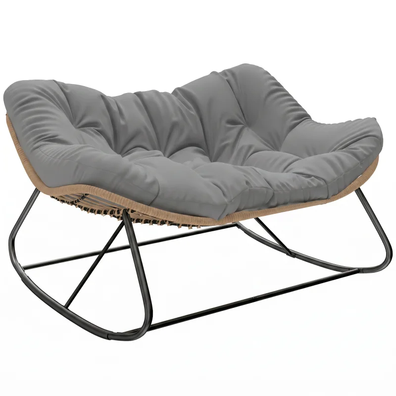 Indoor Outdoor Double Papasan Rocking Chair, Oversized Rocking Egg Chair with Cushion for Garden, Patio, Gray