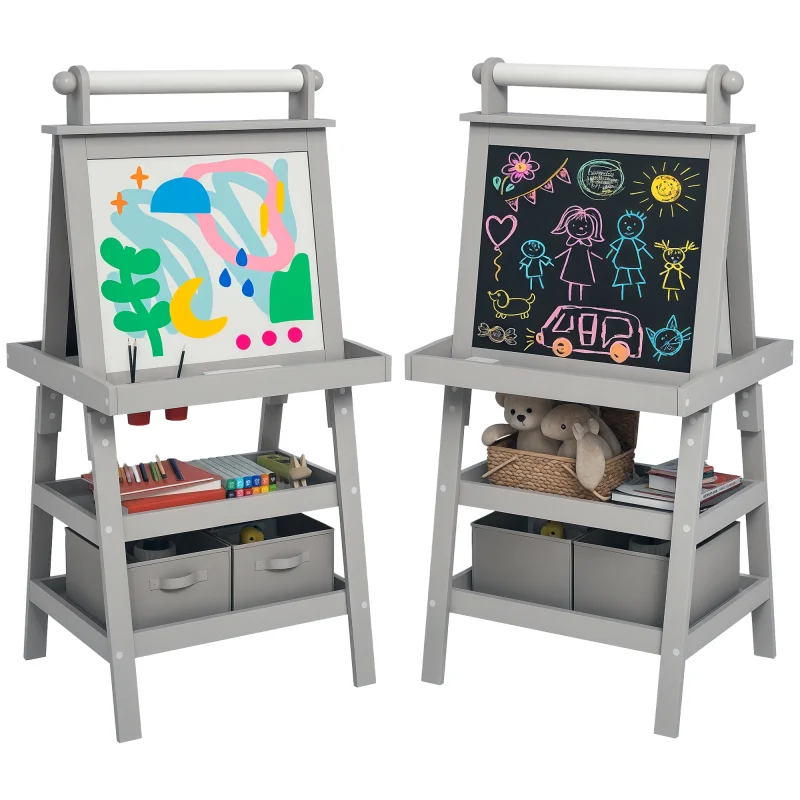 Double Sided Easel for Kids, Standing Toddler Easel with Paper Roll, Magnetic Whiteboard, Chalkboard & Storage, Gray