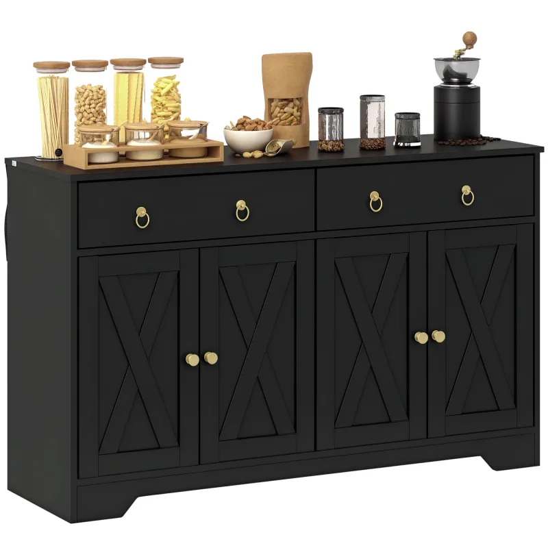 Kitchen Storage Sideboard, Farmhouse Buffet Cabinet with Barn Style Doors, Drawers, Adjustable Shelves, Black