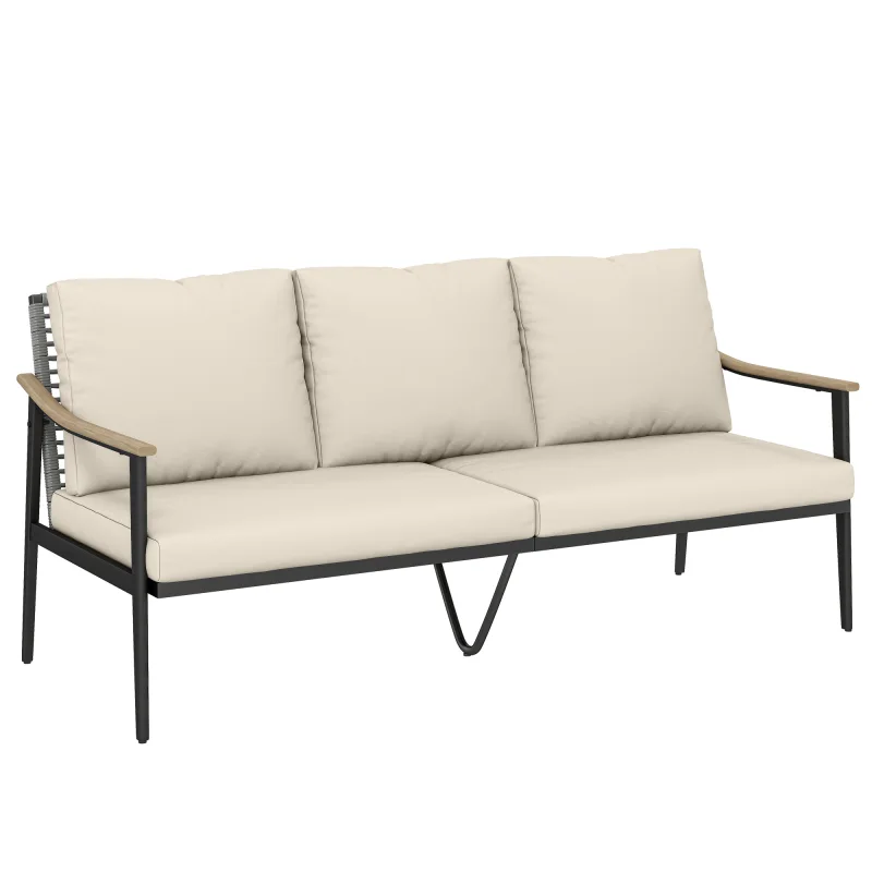 3 Seater Outdoor Patio Sofa, Outdoor Couch with Wood-Effect Armrests, Wicker Backrest, Cushions for Garden Yard, Khaki