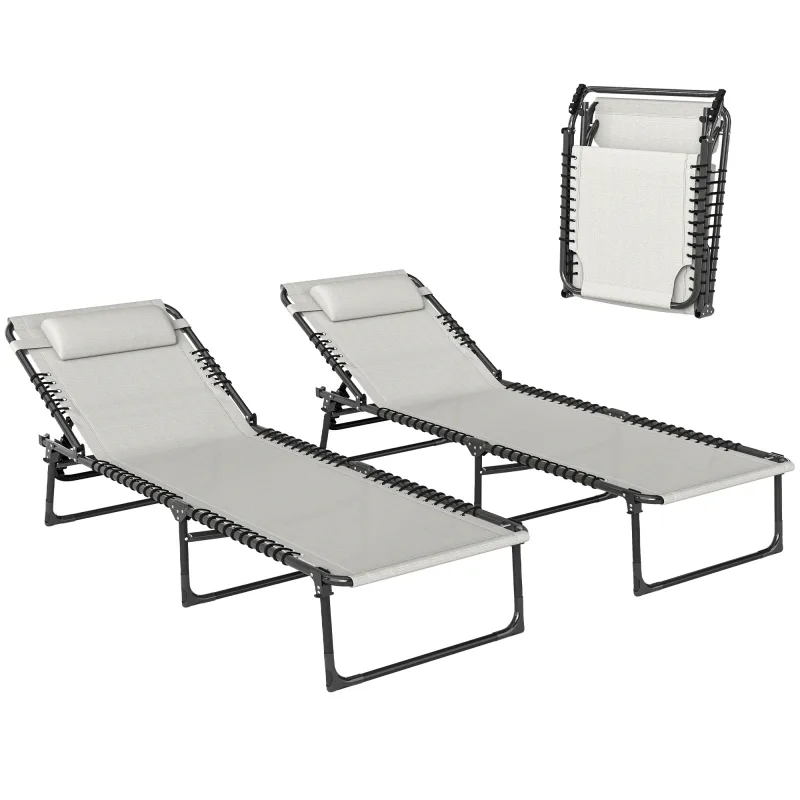 2 Folding Chaise Lounge Pool Chairs with 4-Position Reclining Back, Pillow, Breathable Mesh & Bungee Seat, Dark Blue