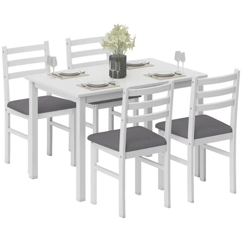 5-Piece Small Kitchen Table Set for 4, Farmhouse Dining Table Set with Upholstered Chairs and Rubber Wood Legs, White