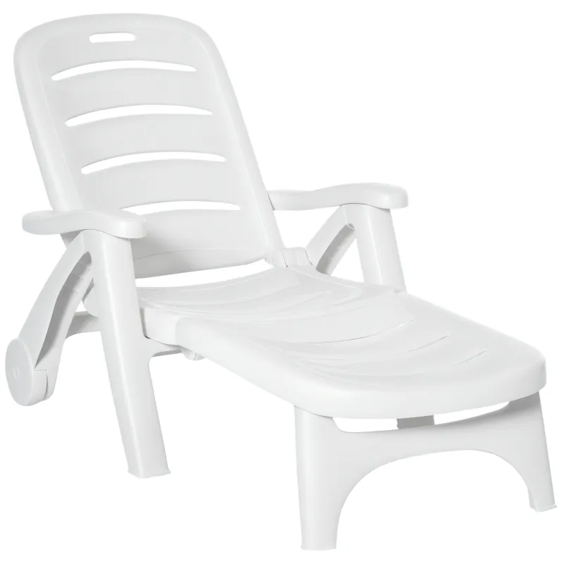 Outdoor Chaise Lounge Chair on Wheels, Waterproof, Quick Assembly, Folding, 5 Level Adjustable Backrest for Pool, White