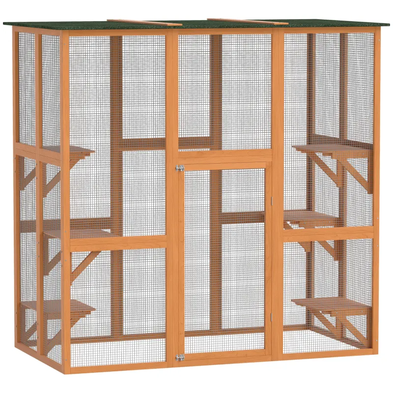 Outdoor Cat House Big Catio Wooden Feral Cat Shelter Enclosure with Large Spacious Interior, 6 High Ledges, Weather Protection Asphalt Roof, 71" L, Orange
