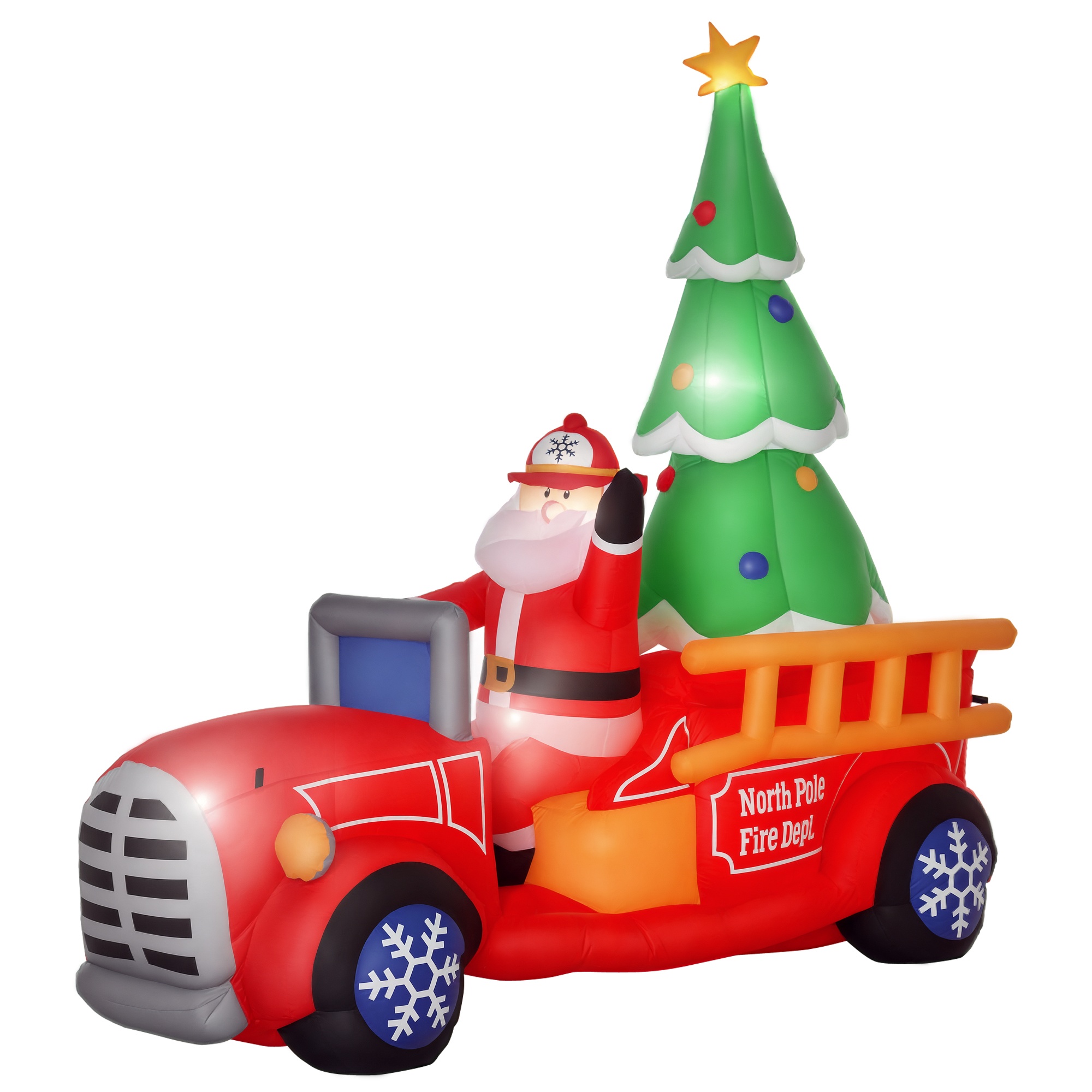 7.5ft Christmas Inflatable Santa Claus Driving a Fire Truck with Tree, Outdoor Blow-Up Yard Decoration with LED Lights Display