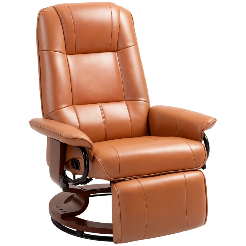 Faux Leather Recliner Chair, Swivel Recliner with Footrest, Armrest and Wood Base for Living Room, Light Brown