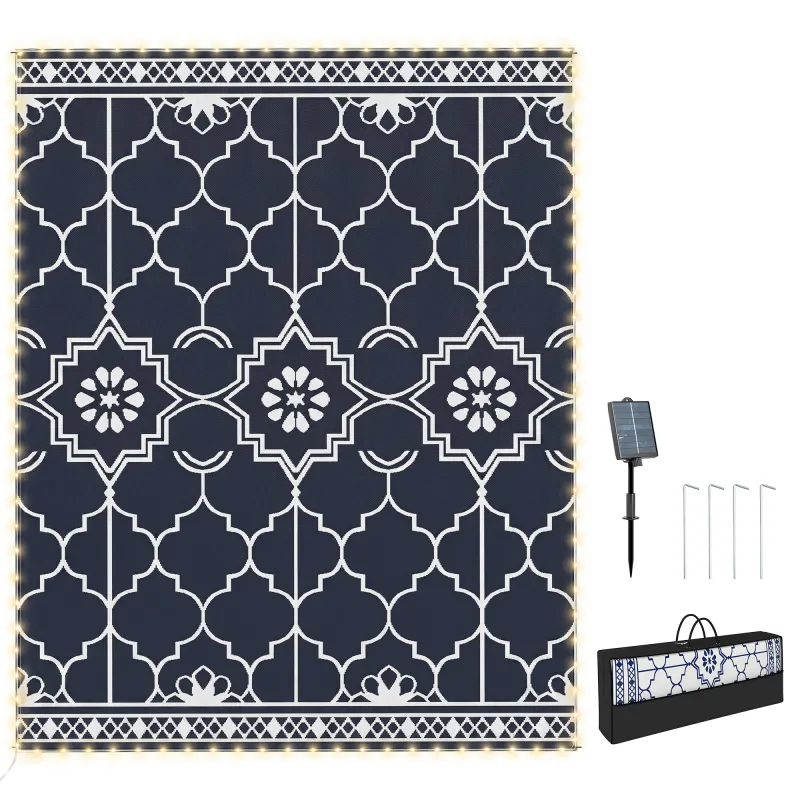 Reversible Outdoor Rug Carpet with LED Lights, 10' x 8' PP Straw Rug with Carry Bag and Ground Stakes
