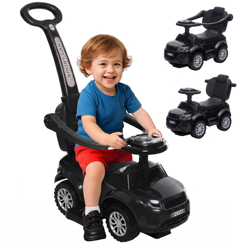 3 In 1 Push Cars for Toddlers Kid Ride on Push Car Stroller Sliding Car with Horn Music Light Function, Black