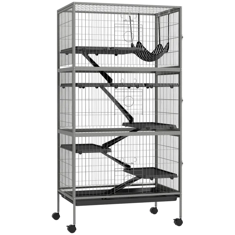 63" H Rolling Small Animal Cage with Hammock, Ferret Cage, Chinchilla Cage, Pet Habitat with 6 Doors, Removable Tray