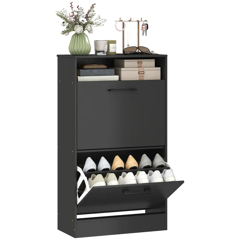 Shoe Cabinet 2 Flip Drawers Adjustable Dividers Shoe Storage Cabinet Top Shelf Entryway Black