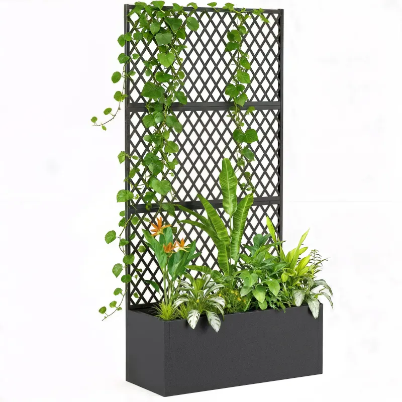 Metal Planter Box with Trellis, Raised Garden Bed with Trellis, Diamond Lattice Privacy Planter for Climbing Plants