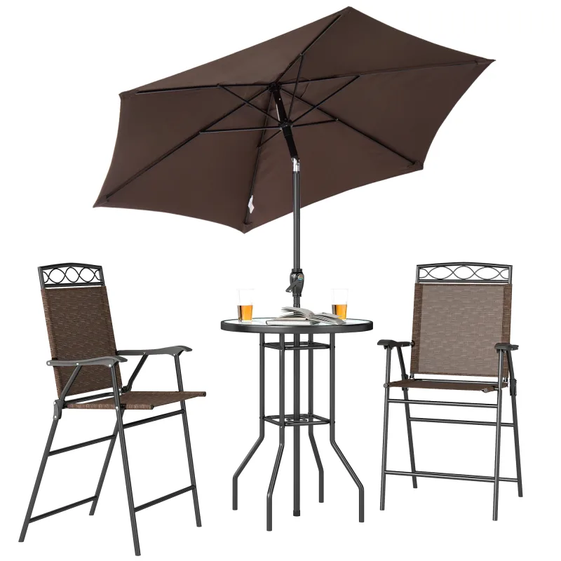 4 Piece Outdoor Bar Set with Umbrella, Patio Dining Set with 2 Folding Chairs, Wave Textured Tempered Glass Table, Brown