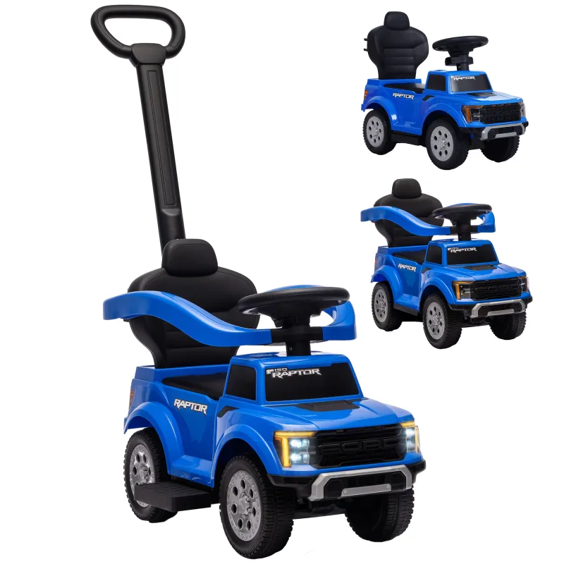 3 In 1 Licensed Ford Kids Push Car with Push Handle, Horn, Sound, Secure Bar, Storage, for Toddlers 18-36 Months, Blue