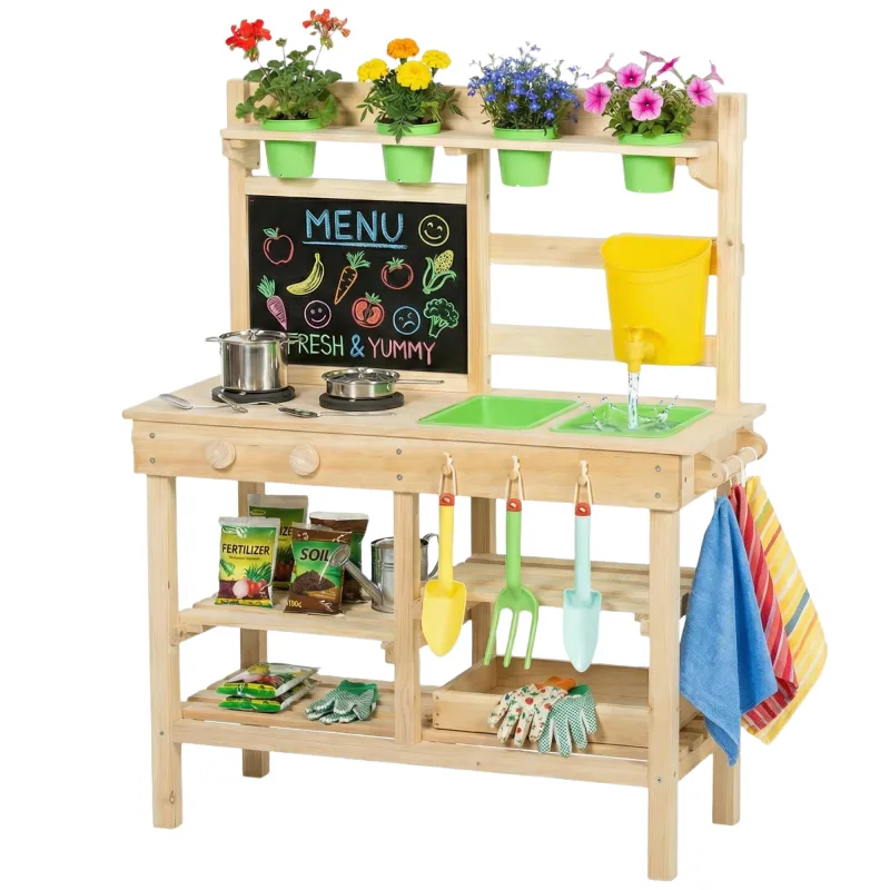 Kids Mud Kitchen, Outdoor Wooden Play Kitchen with Kitchenware & Garden Tools, Pretend Play Outdoor Toys, Natural